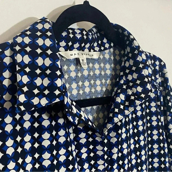 Max Studio women half sleeve geometric dress with collar blue white red size  M - Picture 3 of 9